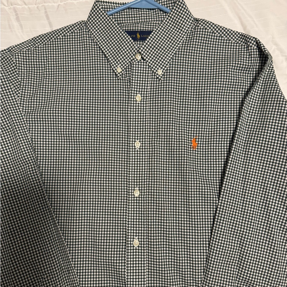 (SOLD)-Polo by Ralph Lauren Men's dark green and White Gingham Shirt